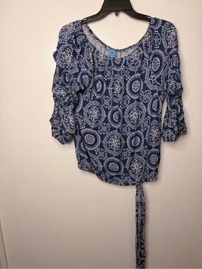 CeCe Navy Blue Printed Tie-Front Blouse